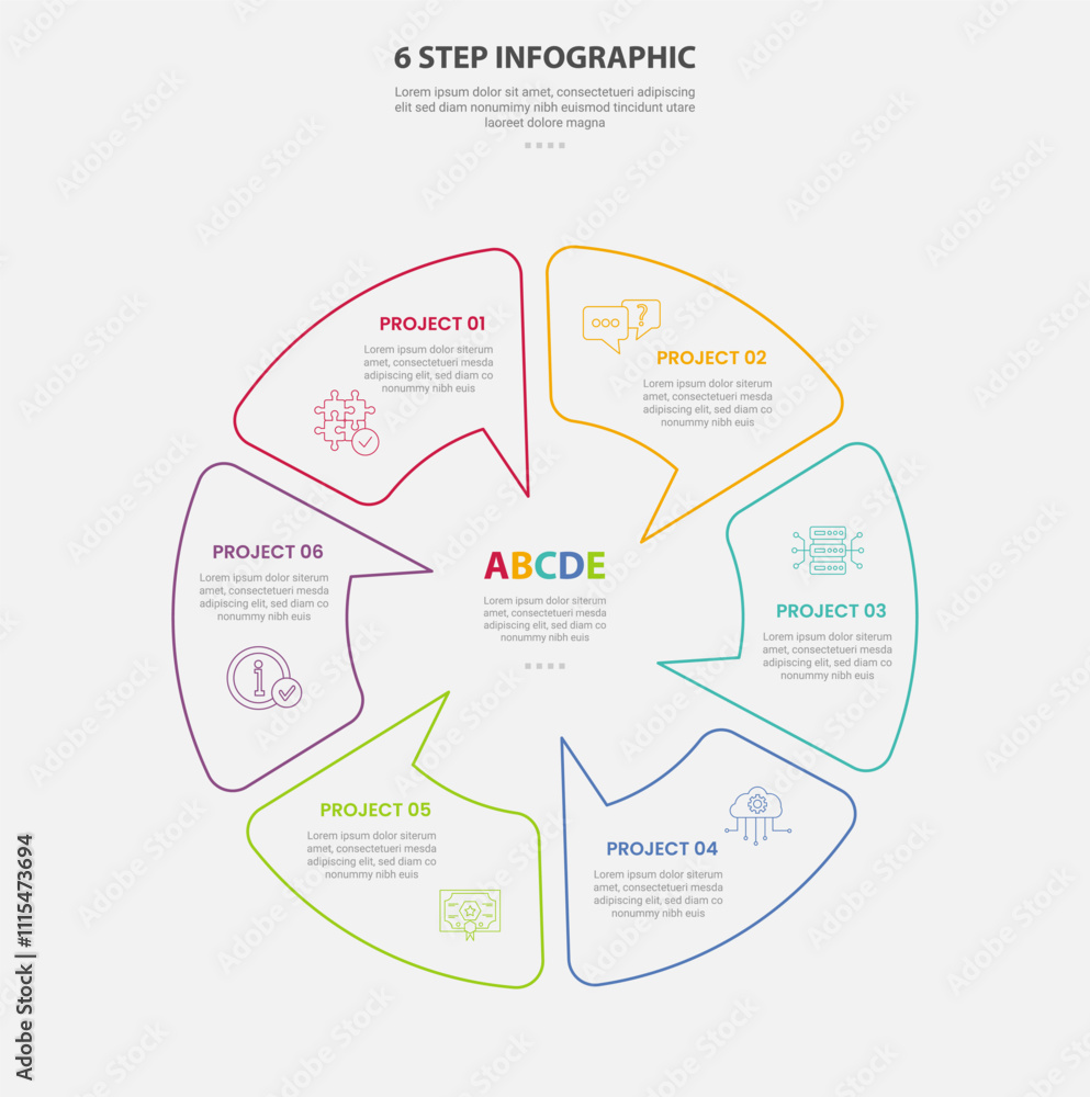 Aufkleber 6 points template infographic outline style with 6 point step template with circular cycle on circle
