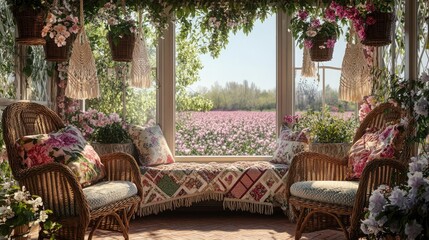 Fototapeta premium A tranquil sunroom filled with wicker chairs adorned with floral cushions