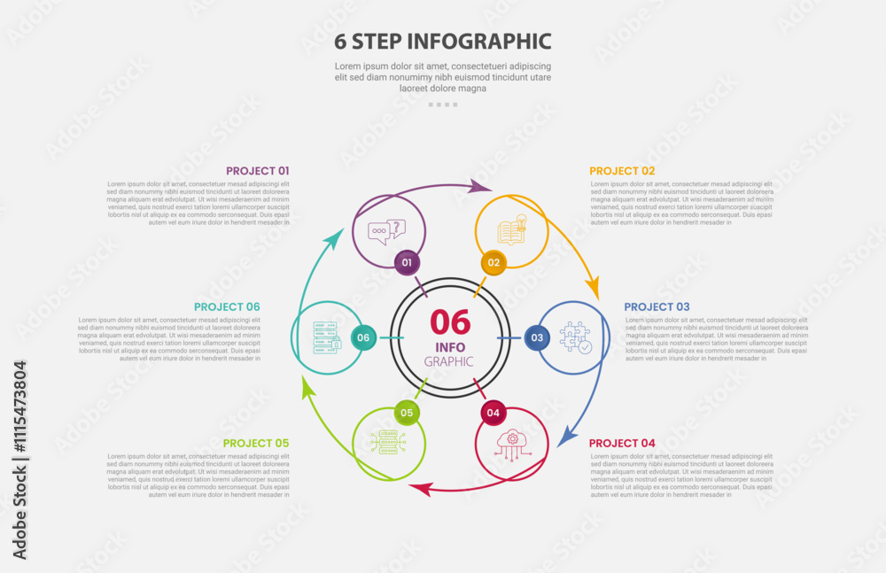 Aufkleber 6 points template infographic outline style with 6 point step template with big circle and small str