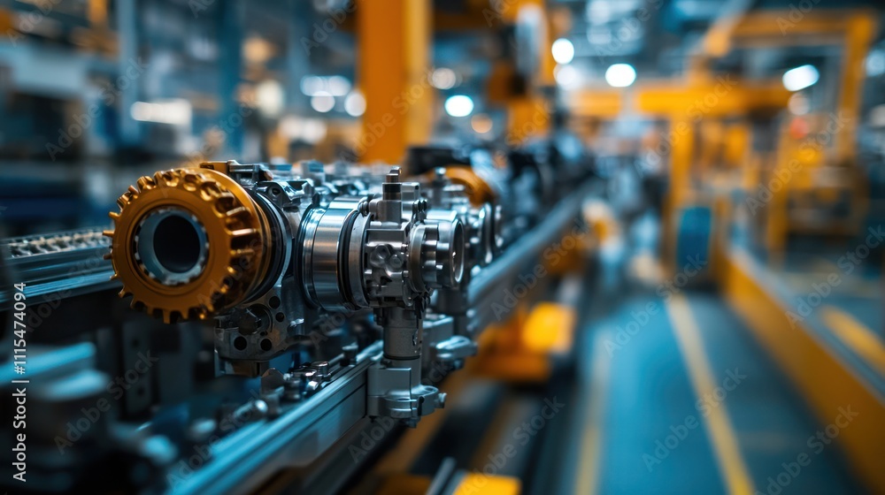 Poster close-up of a metal part on an assembly line in a factory.