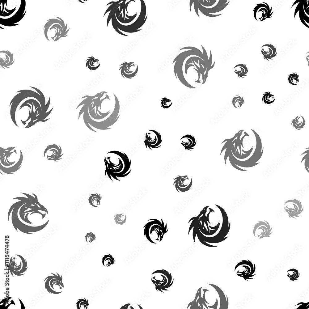 Poster seamless vector pattern with dragon's head symbols, creating a creative monochrome background with r