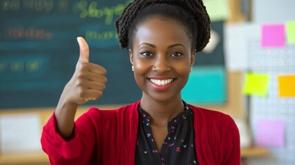 Teacher giving a thumbs up gesture in a bright classroom setting, conveying approval and encouragement to students