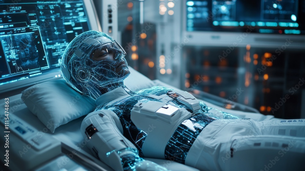 Aufkleber a lifelike digital twin lies on an advanced medical platform surrounded by glowing screens displayin