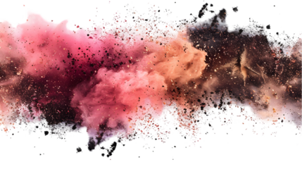Black, Pink, Brown colours powder exploding isolated on a transparent background