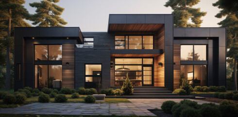 Obraz premium Contemporary Forest House Exterior – Dark Wood & Glass Architecture