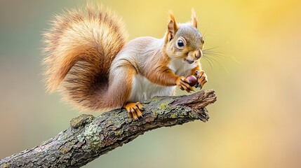 The squirrel was perched on a thick branch of the oak tree, its bushy tail twitching as it carefully nibbled on an acorn it had stashed away for later