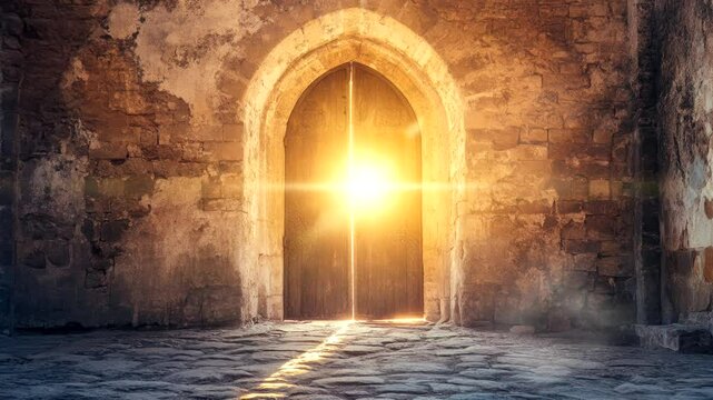 Doorway to Hope:  A weathered wooden door, slightly ajar, reveals a radiant beam of sunlight, illuminating a path forward.