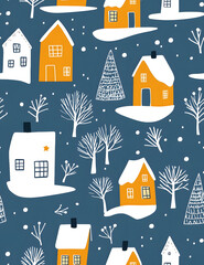 Winter night city seamless pattern. Simple and playful childish doodle backdrop