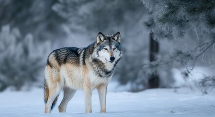 Naklejka premium Majestic lone wolf in snowy forest landscape during winter season