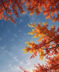Fototapeta premium Nature's canvas of vibrant autumn leaves and branches against a gradient sky, golden yellow, gradient background