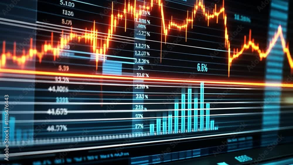 Poster dynamic financial graph showing stock market trends and analysis with bright lines and data visualiz