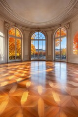  Salón decorado con grandes ventanales que ofrecen vistas a un paisaje otoñal, con luz reflejándose en el suelo.
