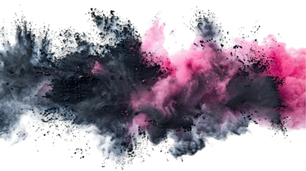 Black, Pink, Grey colours powder exploding isolated on a transparent background