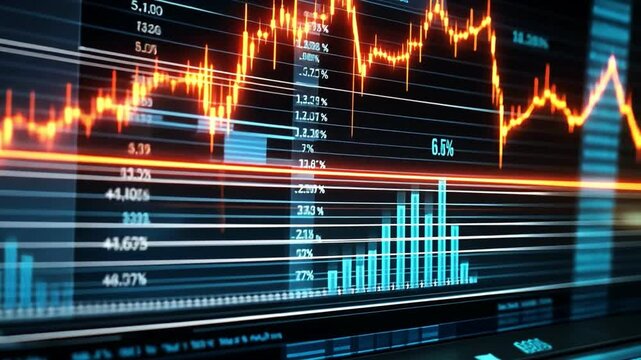 Dynamic financial graph showing stock market trends and analysis with bright lines and data visualization elements.