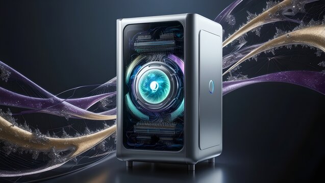 A futuristic silver Alienware m17x r3 gaming desktop tower, illuminated with a glowing effect, exemplifying cutting-edge power. 