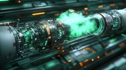 Futuristic machinery with glowing green energy.
