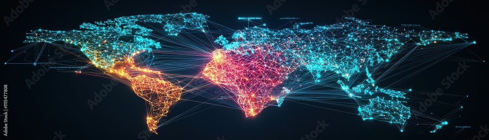 Poster a vibrant, digital map of the world illuminated with colorful data points, illustrating global conne