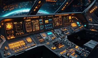 Obraz premium Futuristic spaceship cockpit with illuminated controls and space view.