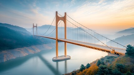 Fototapeta premium The aerial photograph captures the impressive engineering feat of a majestic bridge spanning a winding river, showcasing the intricate network of beams, cables