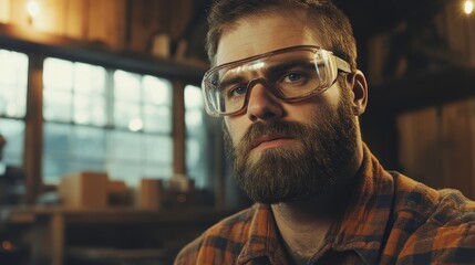 Obraz premium Focused Man in Goggles in Rustic Workshop Setting