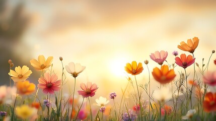 The vibrant wildflowers, with petals of various shades, dance gracefully in the soft, warm light of the setting sun, creating a breathtaking scene of natural beauty.