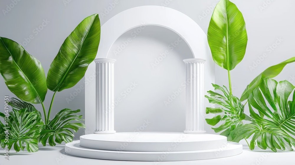 Poster a minimalist white archway with columns surrounded by lush green leaves, creating a modern and elega