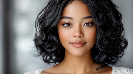 Obraz premium The beauty portrait features a stunning African American woman with radiant skin and captivating eyes, her black hair styled in voluminous curls cascading down her shoulders