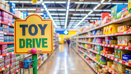 A toy drive sign in a grocery store, encouraging shoppers to donate toys for children in need during the holiday season.