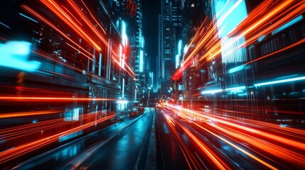 Obraz premium Fast-Paced City Lights: Neon Trails and Reflections on Wet Streets - made with Generative AI