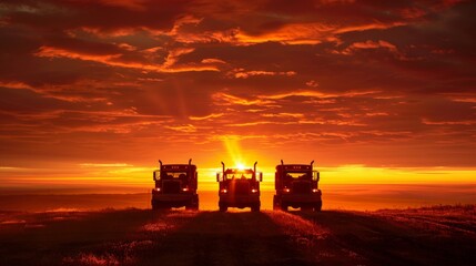 Fototapeta premium Trucks parked against the backdrop of a vibrant sunrise creating a stunning morning scene