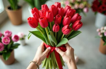 Hands of Asian florist girl collecting bouquet of red tulips with red ribbon, blurred florist shop in background