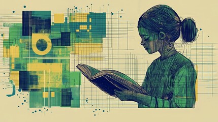 Digital art of a girl reading a book with geometric patterns and lines