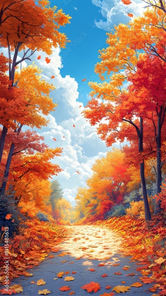 Wall mural vibrant autumn pathway lined with colorful leaves in a serene forest