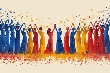 ​Sudan Independence Day.​ Artistic illustration of women in vibrant red, blue, and yellow attire, holding hands in a symbolic celebration of unity and empowerment.