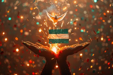 Sudan Independence Day. Inspiring scene of hands holding glowing spark with a flag and dove, symbolizing hope, peace, and freedom.
