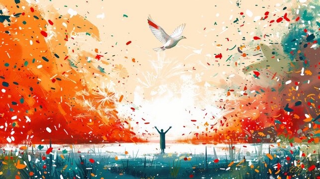 ​Sudan Independence Day.​ Minimalist illustration of a dove flying through confetti in an abstract celebration of freedom and hope.