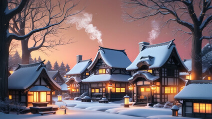 Obraz premium A snowy anime-inspired village at dusk, smoke rising from chimneys, and warm glowing lights. 