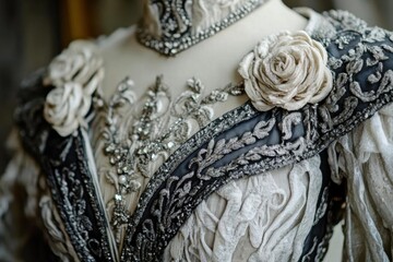 Obraz premium Elegant dress adorned with intricate embroidery and decorative flowers.