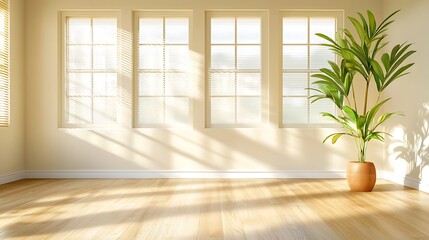Fototapeta premium The interplay of shadows and light in the minimalist room with blinds creates a captivating dance of contrast and symmetry, enhancing the clean lines and simplicity of the space.