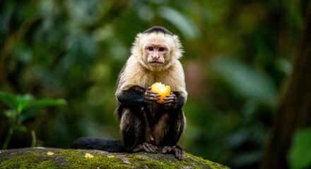 Naklejka premium A cute Capuchin monkey happily eats fruit while nestled in a lush jungle environment