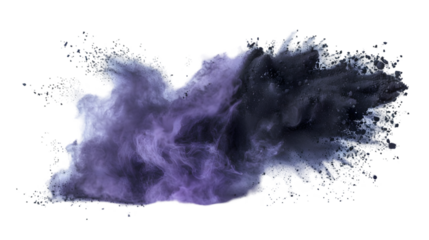 Black, Purple, White colours powder exploding isolated on a transparent background