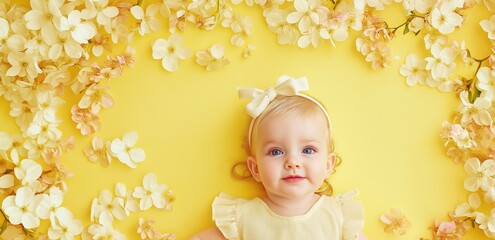 Fototapeta premium Adorable little girl sitting on a colorful pastel yellow background with delicate floral border, creating a warm and cozy atmosphere. Perfect concept for family, childhood, and premium design themes.