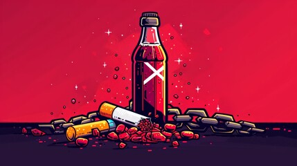 ​Diet Resolution Week. Bold illustration depicting a broken chain, bottle, and cigarette as a statement against addiction and harmful habits.