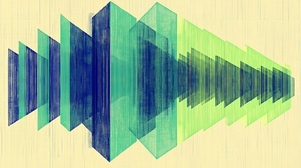 Abstract geometric pattern with green and blue transparent shapes on yellow background