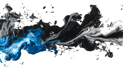 Black, White, Blue liquid colour mixed isolated on a transparent background