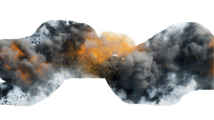 Black, White, Golden colours powder exploding isolated on a transparent background