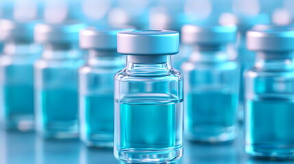 Clear glass vials filled with blue liquid, arranged in clinical setting