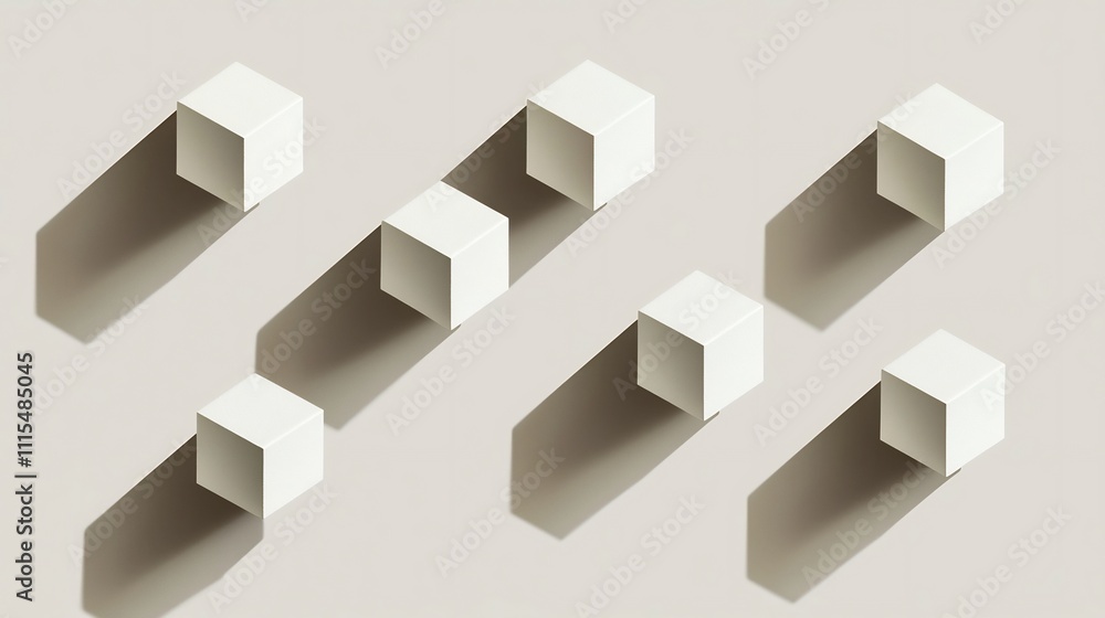 Poster floating geometric cubes casting soft shadows in minimalist 3d pattern