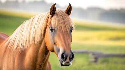 Obraz premium The majestic horse stands proudly in a lush green pasture, its glossy coat gleaming in the sunlight as it grazes peacefully among the rolling hills of the farm.