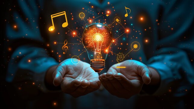 ​International Creativity Month. Conceptual lightbulb with technological connections in hands.